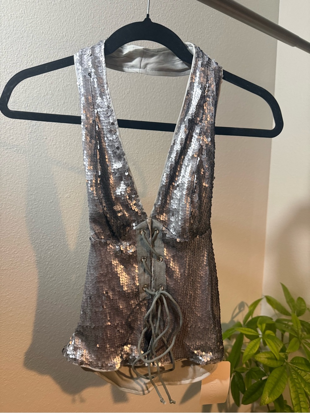 Musera Silver Sequin Lace-Up Top – Size S – New with Tags